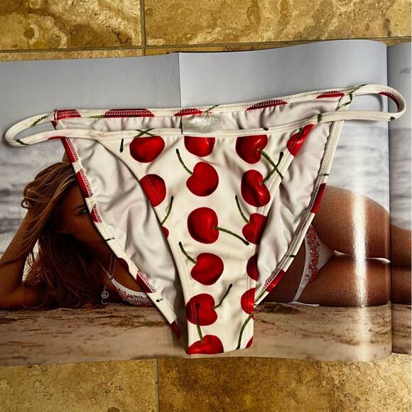 OndadeMar Swim Red Cherries High Thigh String Bikini Swim Bottoms Size 6 - Picture 3 of 9